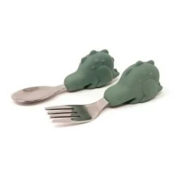 Cubiertos acero y silicona dino verde