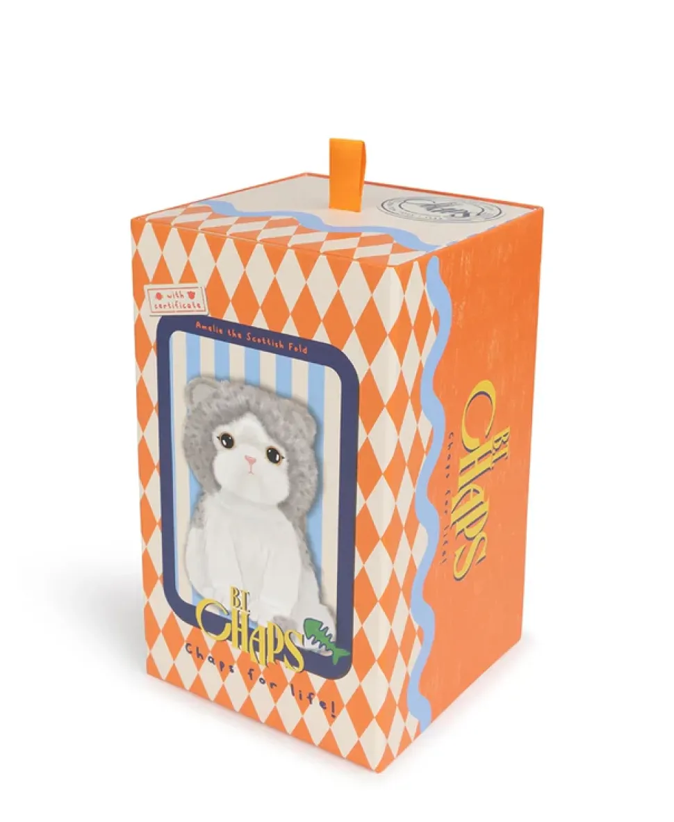 Peluche gato Fold Escocés Amelie en caja de regalo blanco/gris